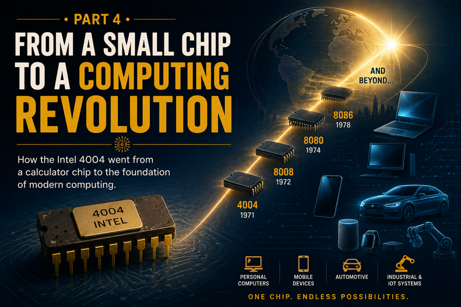 Intel 4004 microprocessor evolving into modern processors with a glowing digital world, illustrating the legacy of the first commercial microprocessor.